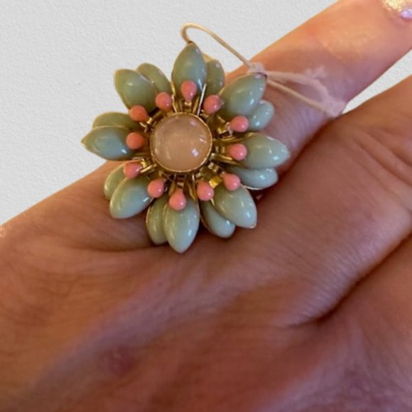 Mint, Pink & Opal Blooming Flower Adjustable Ring - Picture 1 of 3